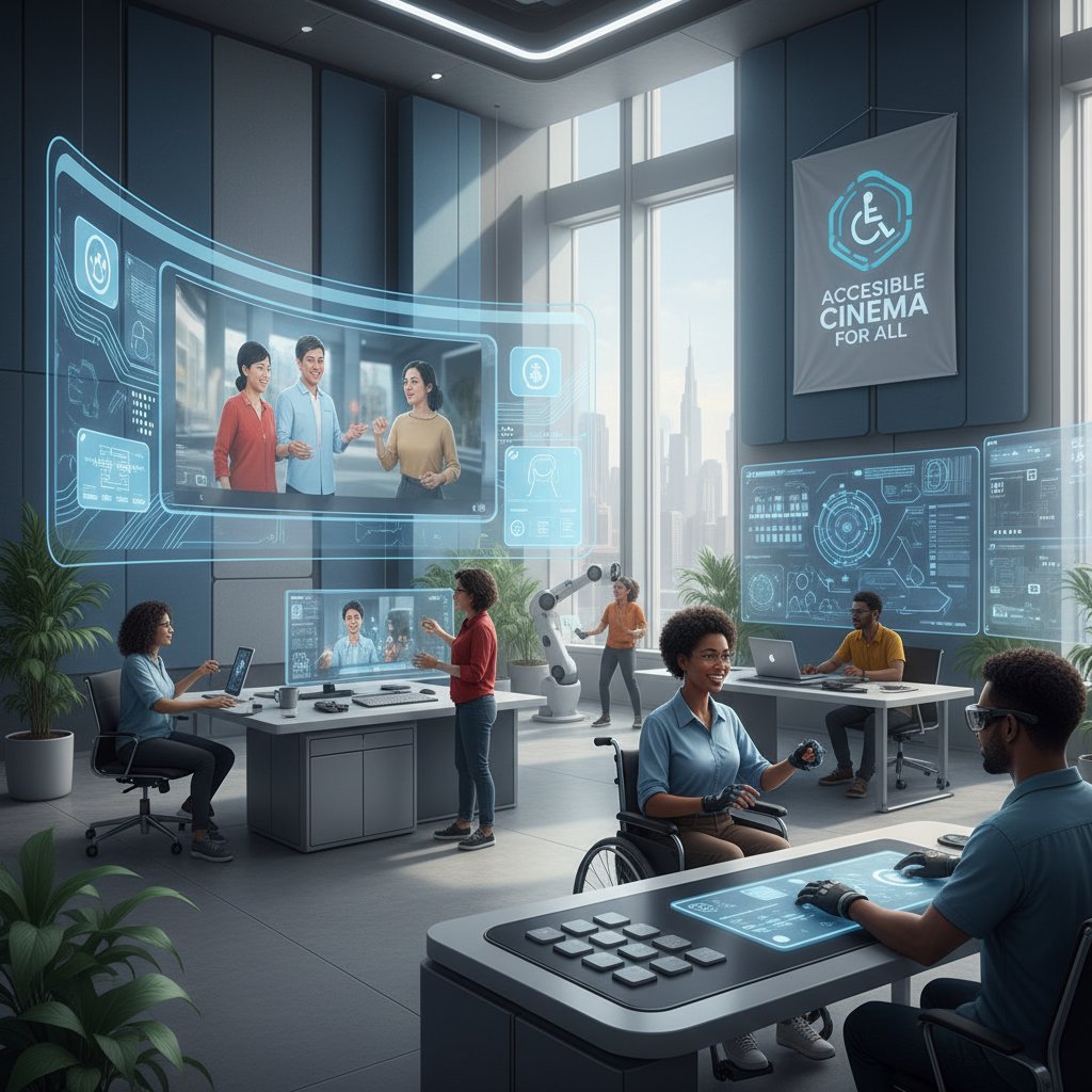 Innovative team behind an accessible movie project, celebrating in a modern studio