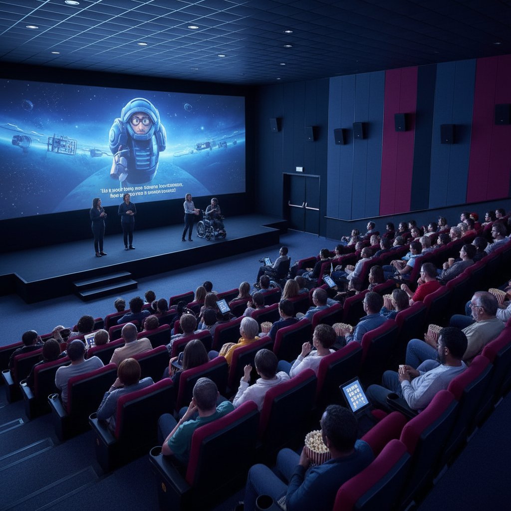 A vibrant, accessible movie screening in 2025, audience reflecting diverse abilities and backgrounds