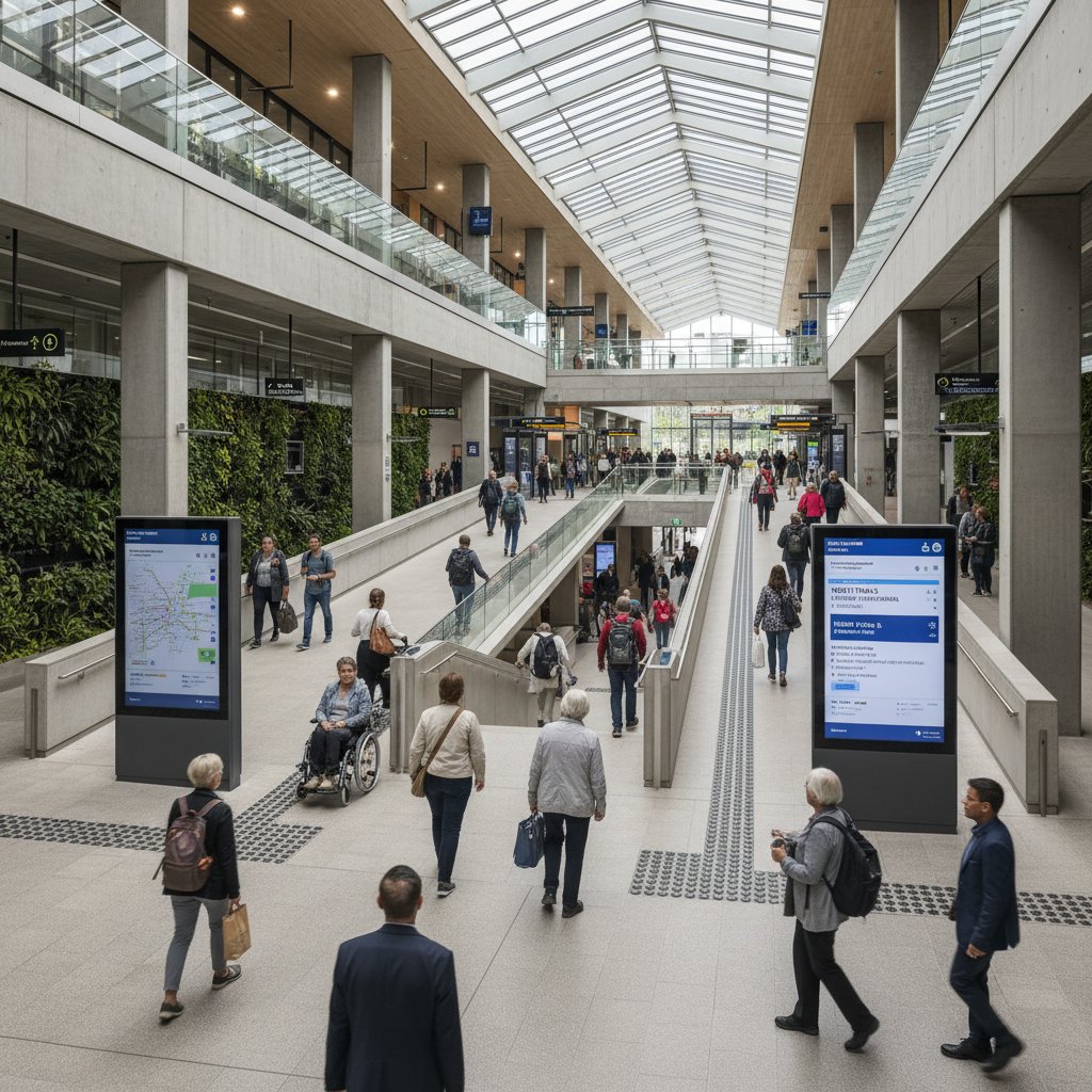 Accessible public transport in action, with diverse commuters using ramps, tactile surfaces, and digital wayfinding tools