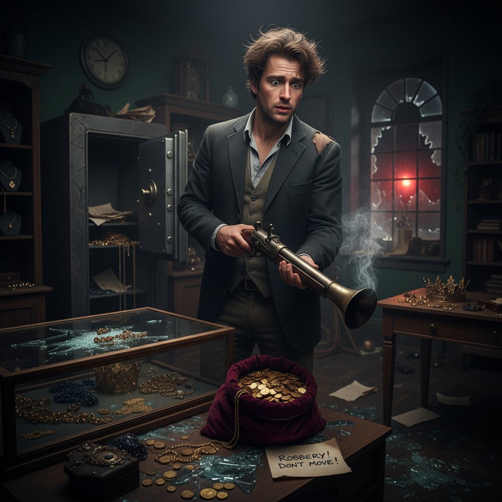 An ordinary person unwittingly involved in crime, looking shocked and comedic