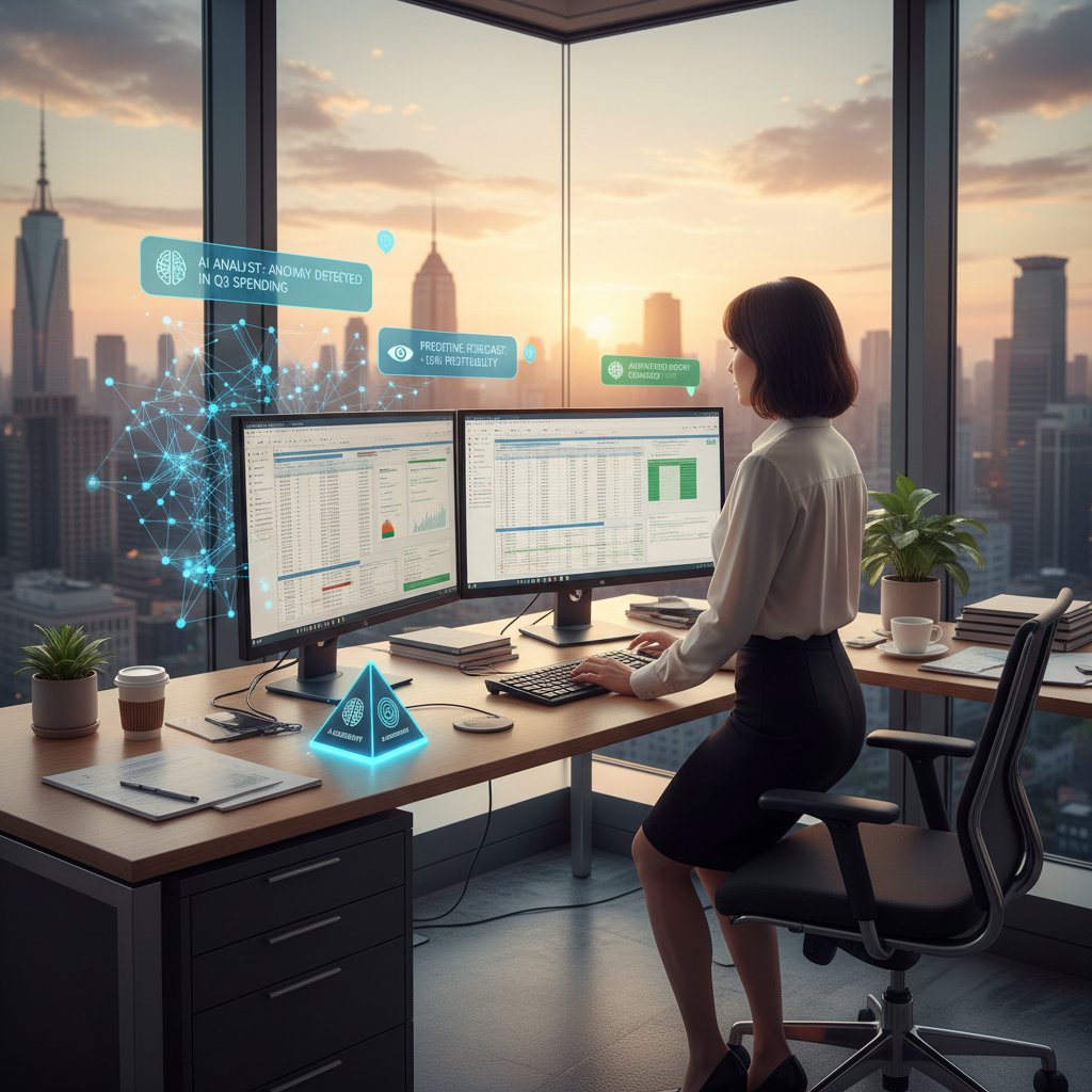 Accounting secretary at dual monitors with AI notifications in a high-rise office, focused mood