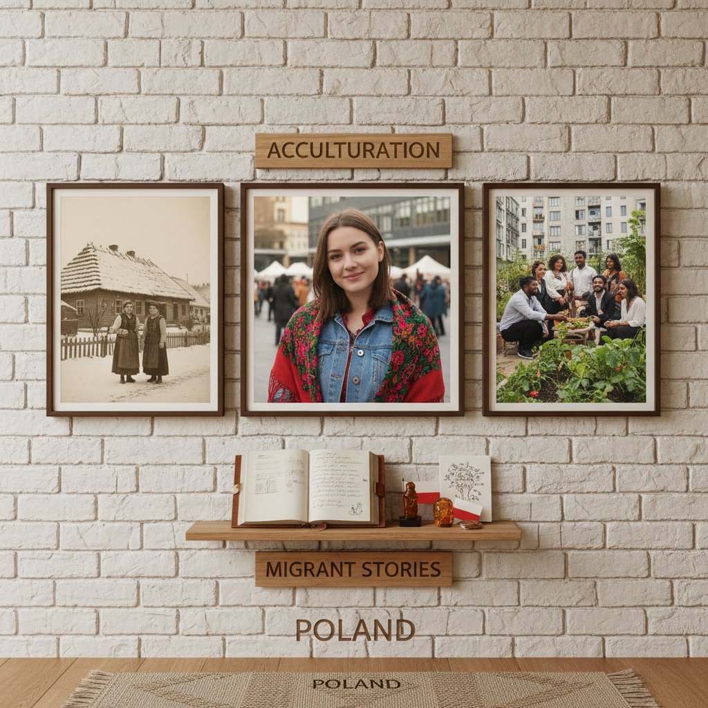 Trzy osoby z różnych środowisk na tle miejsc ważnych dla ich historii akulturacji. Słowa kluczowe: akulturacja, historie migrantów, Polska