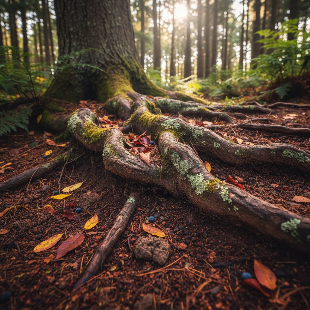 Zbliżenie na strukturę gleby leśnej o wyraźnym profilu kwaśnym, z widocznymi korzeniami i igliwiem, idealne pod rośliny kwaśnolubne
