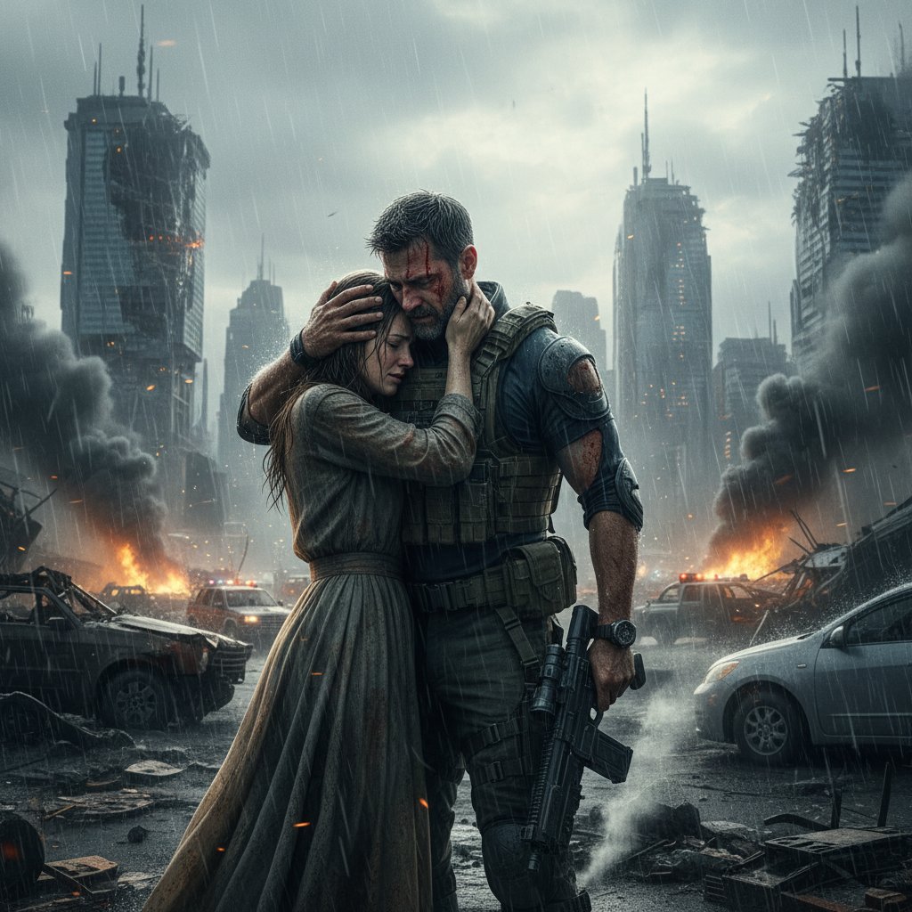 A dynamic action scene from a blockbuster, undercut by a moment of genuine emotion between characters.