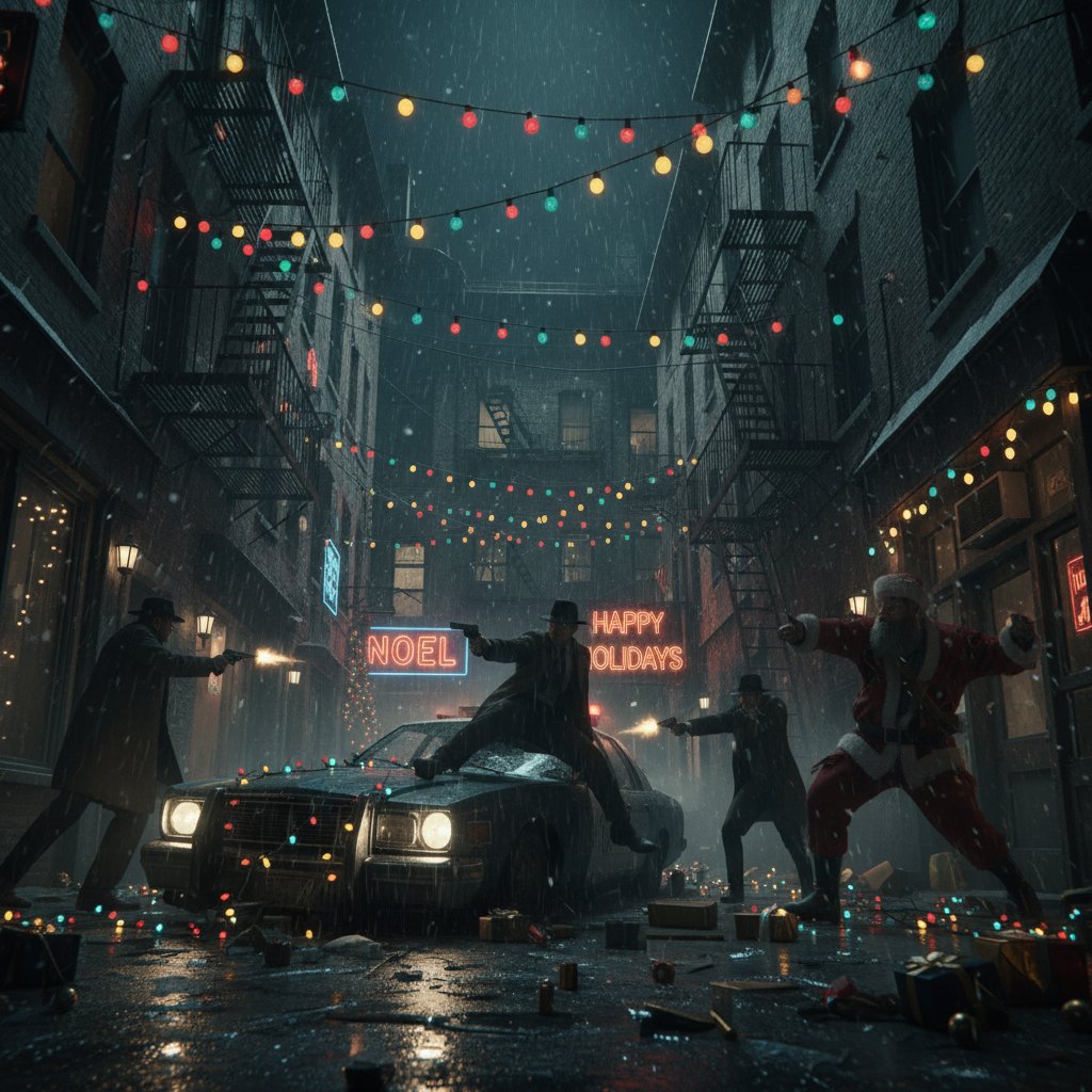 A gritty shootout beneath Christmas decorations in a Shane Black movie, blending holiday lights with noir action