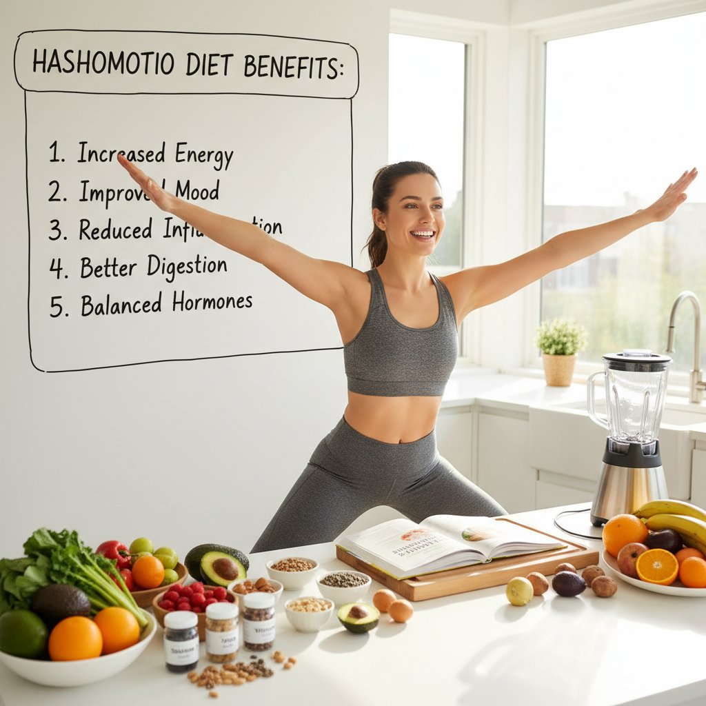 Osoba aktywna, uśmiechnięta na tle kuchni – energia i dobre samopoczucie przy diecie Hashimoto