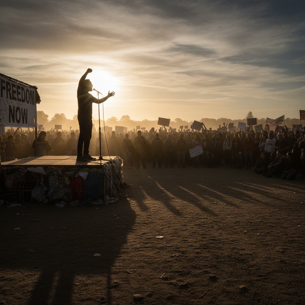 Cinematic reenactment of activist delivering a powerful speech, crowd in shadows, 16:9