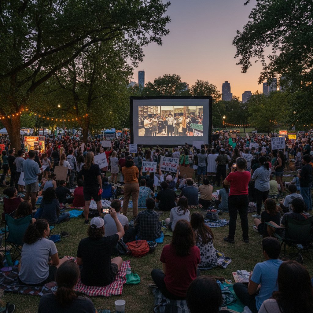 Community gathered for outdoor screening of a true story film, activist crowd watching a movie on a city wall