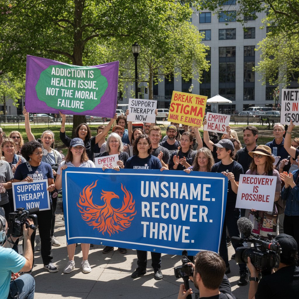 Grupa aktywistów z transparentami, antystygmatyzacyjna demonstracja, wsparcie dla osób uzależnionych