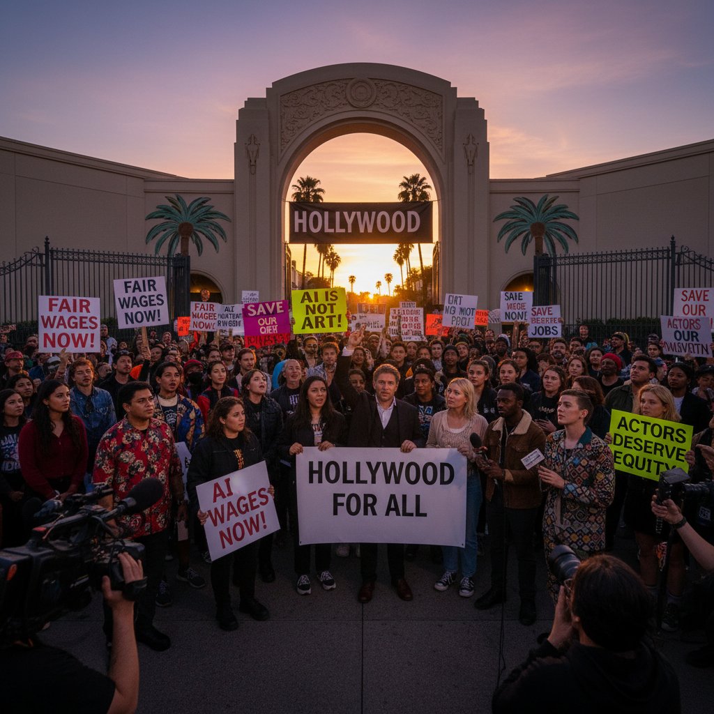 Age-diverse group protesting for film diversity outside studio, symbolizing anti-ageism activism