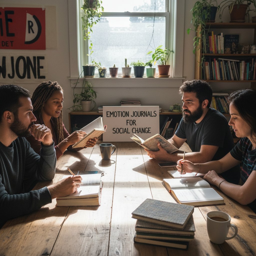 Grupa młodych aktywistów podczas burzliwej narady, na stole notatki z dzienników emocji