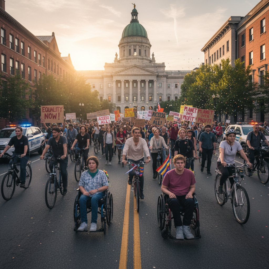 Diverse group of activists with signs, wheelchairs, and bikes marching near city hall, action shot