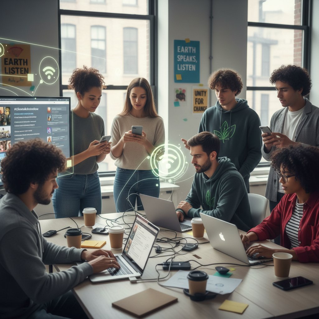 Aktywiści prowadzący kampanię społeczną online, korzystają z laptopów i smartfonów