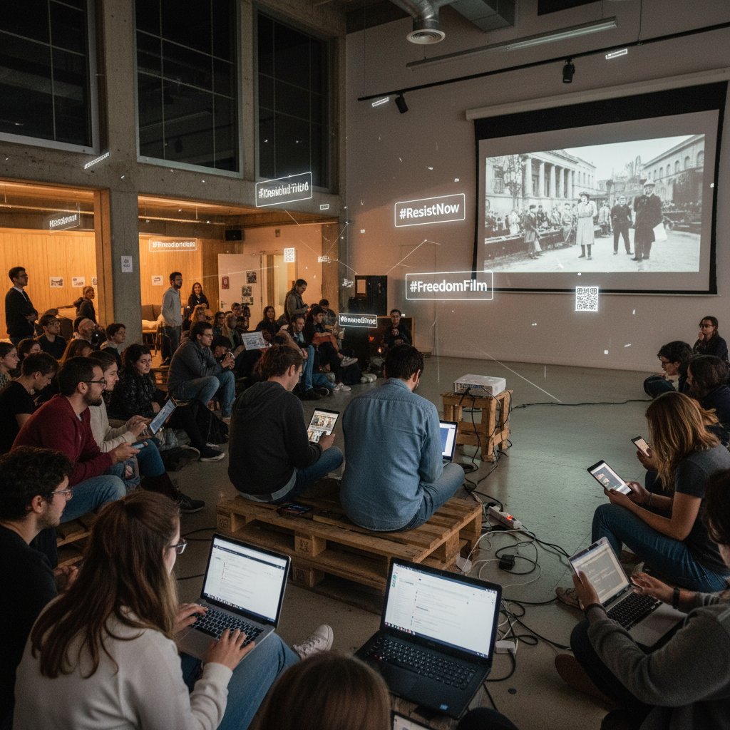 A photo of activists watching and live-tweeting a resistance movie screening in a community center