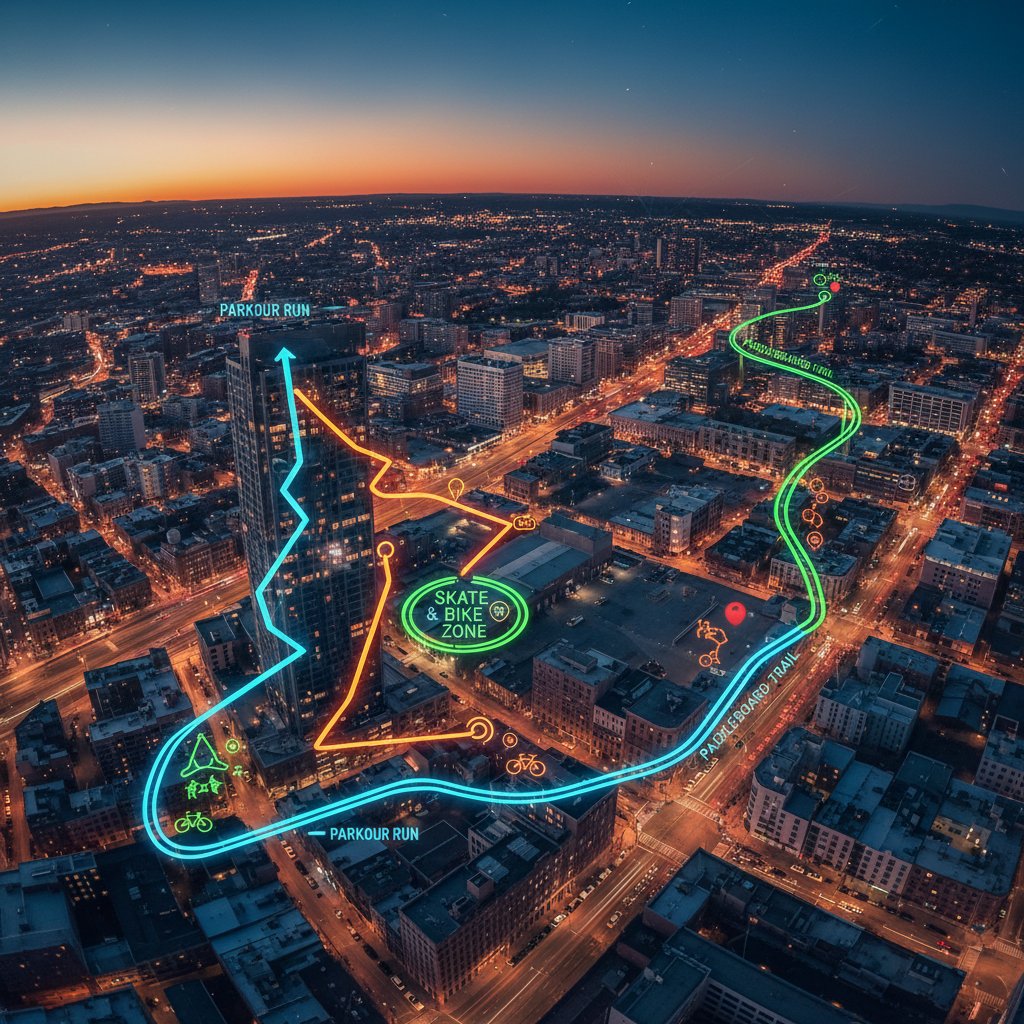 Mapa aktywności sportowych na tle miasta, planowanie alternatywnych sportów