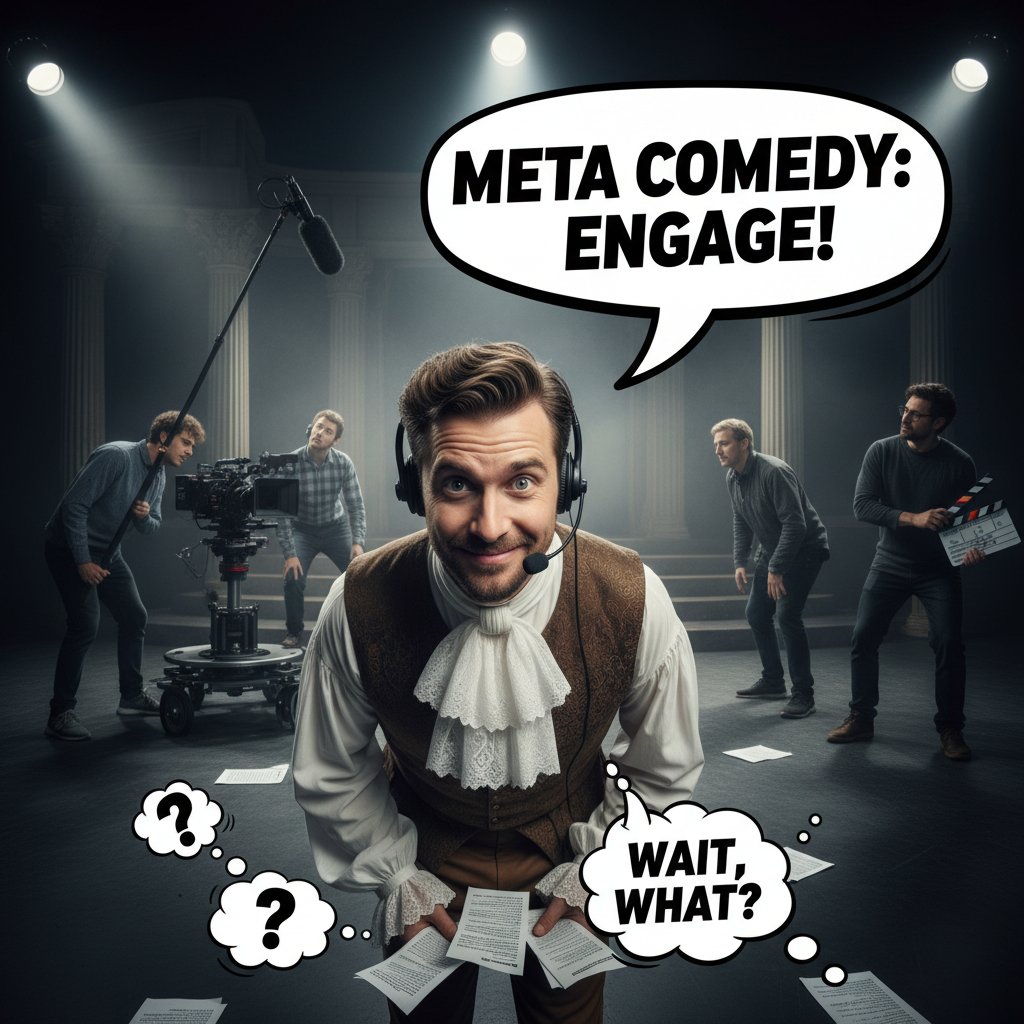 Photo of an actor mid-scene, looking directly at the camera, capturing the essence of breaking the fourth wall in modern meta comedy