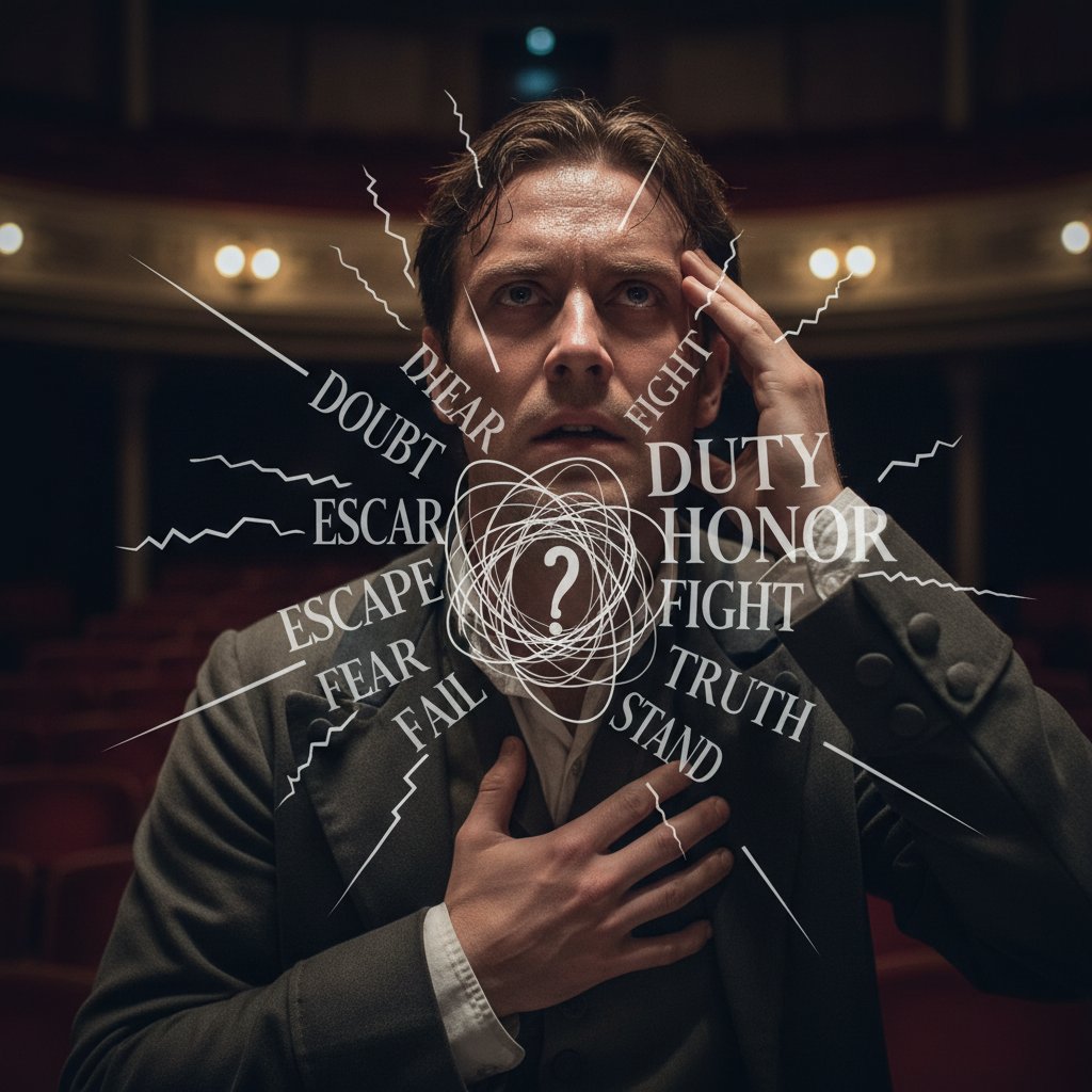 Aktor odgrywający scenę wewnętrznego rozdarcia na tle sceny teatralnej