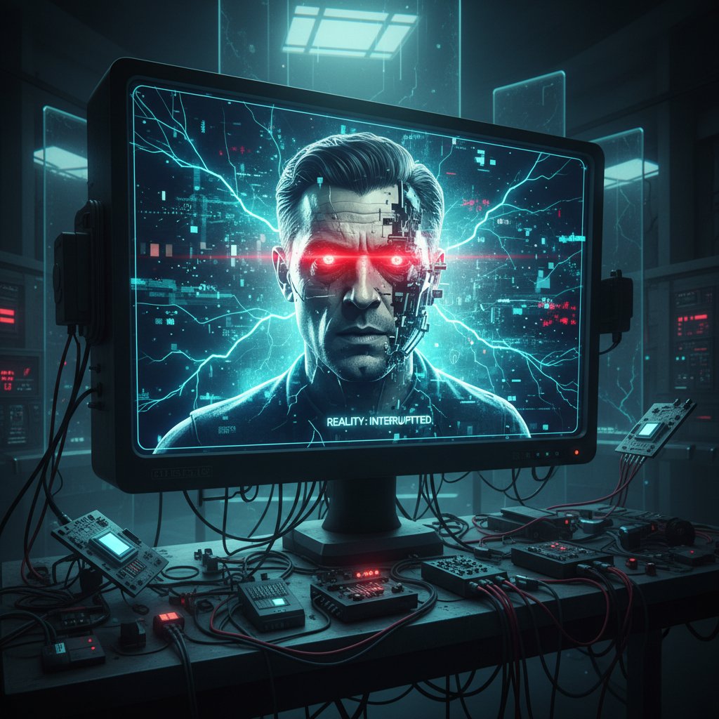 Futuristic photo showing an actor’s face blending with an AI-generated avatar on a film monitor