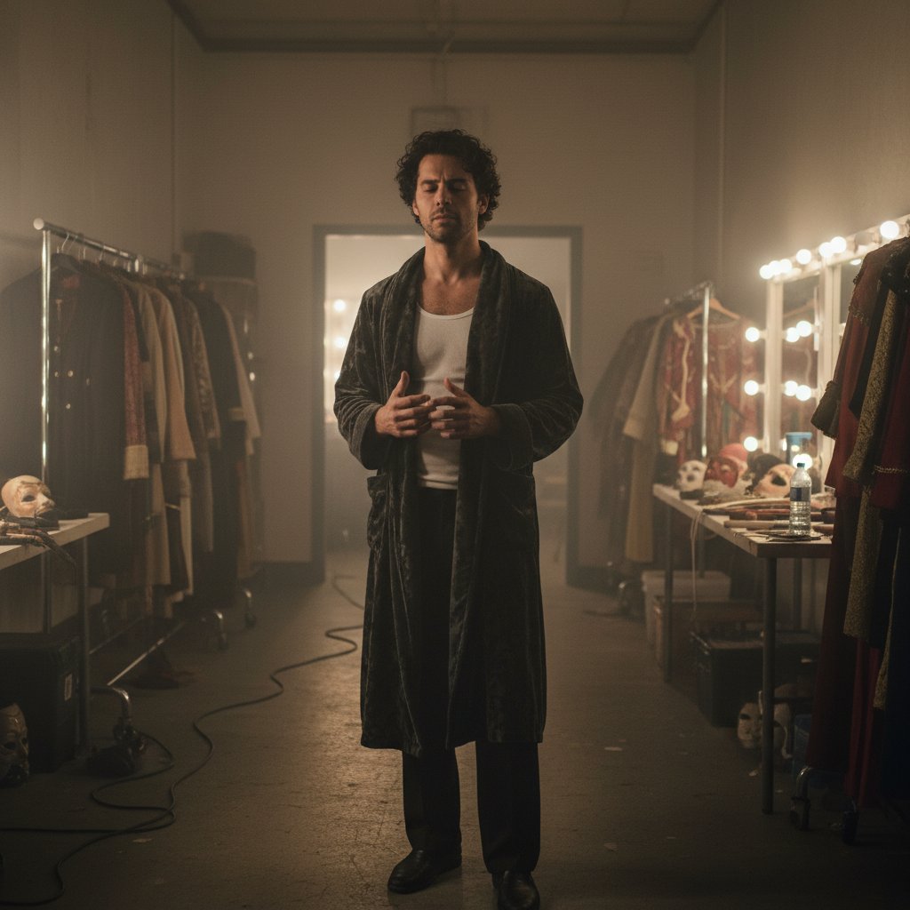 Al Pacino preparing for a role with intense focus in a backstage theater environment