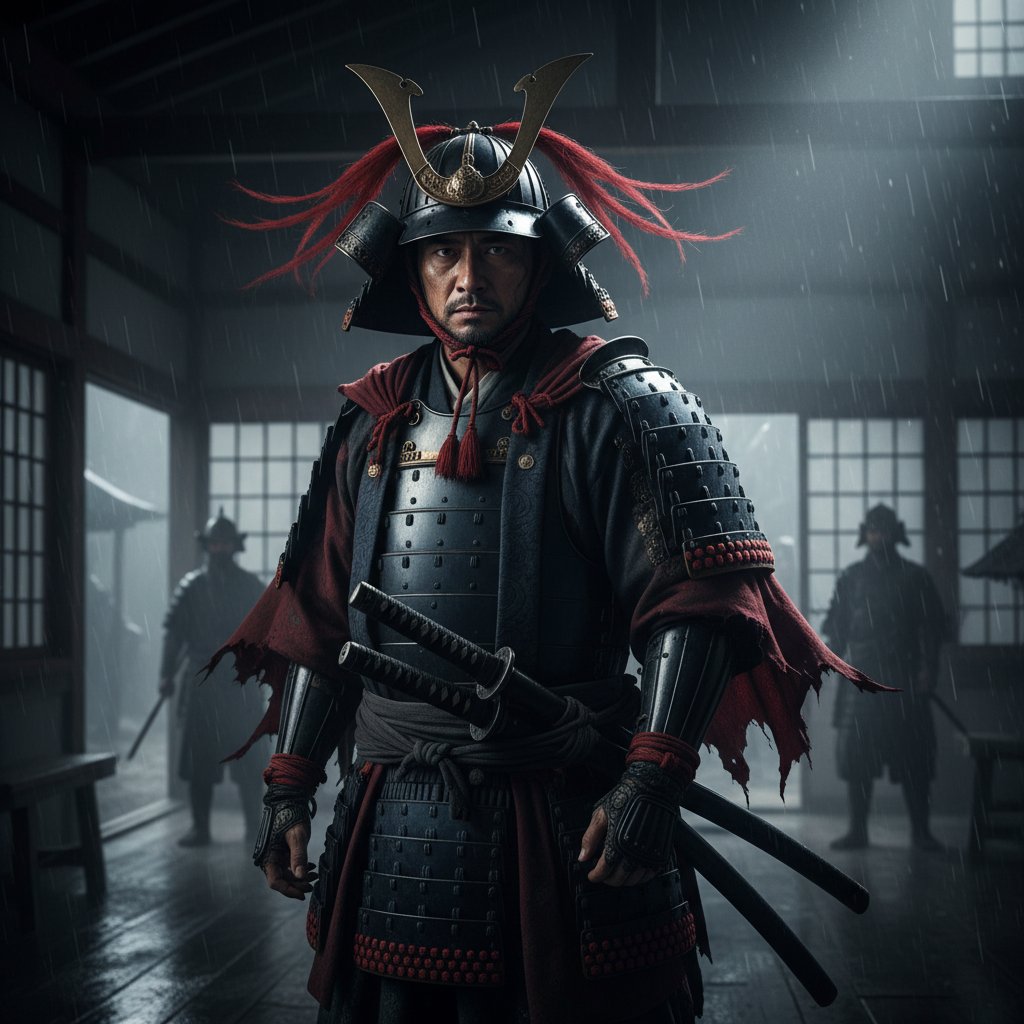 Dramatic portrait-style photo of an actor dressed as a samurai, Kurosawa-inspired lighting