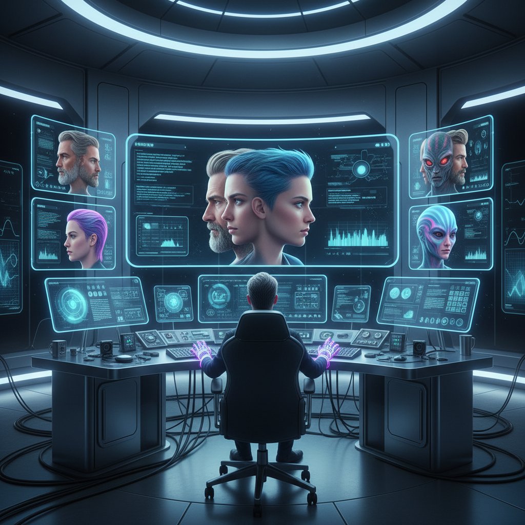 Digital morphing of actor's face on computer screen, glitch effect, editing suite, futuristic identity swap