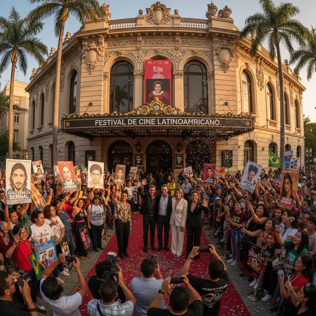 Gael García Bernal surrounded by fans at an international film festival, embodying the myth versus reality theme
