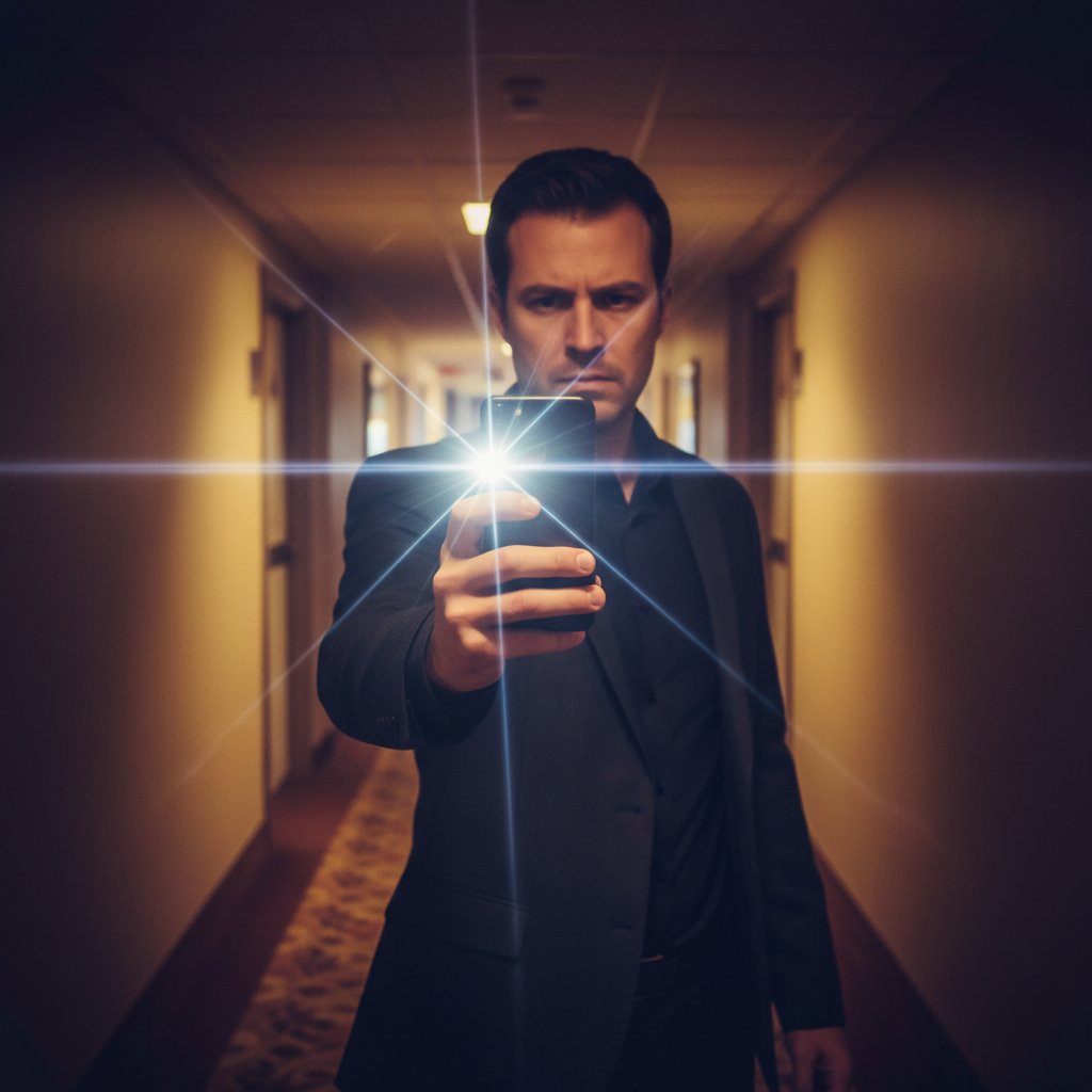Actor filming themselves in a dimly lit hallway, lens flare and accidental finger in frame, tense found footage horror