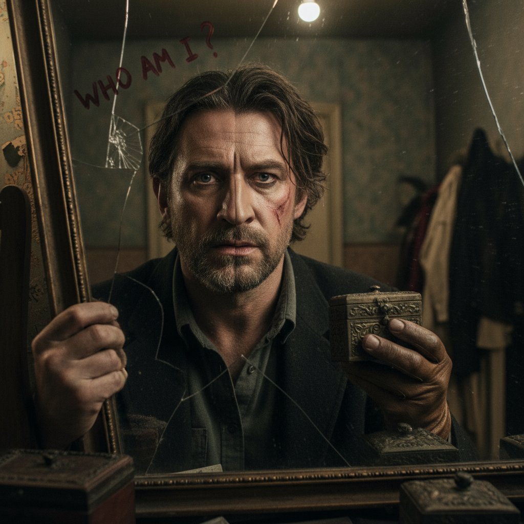 Actor caught mid-disguise in front of mirror, movie disguise movies suspenseful transformation