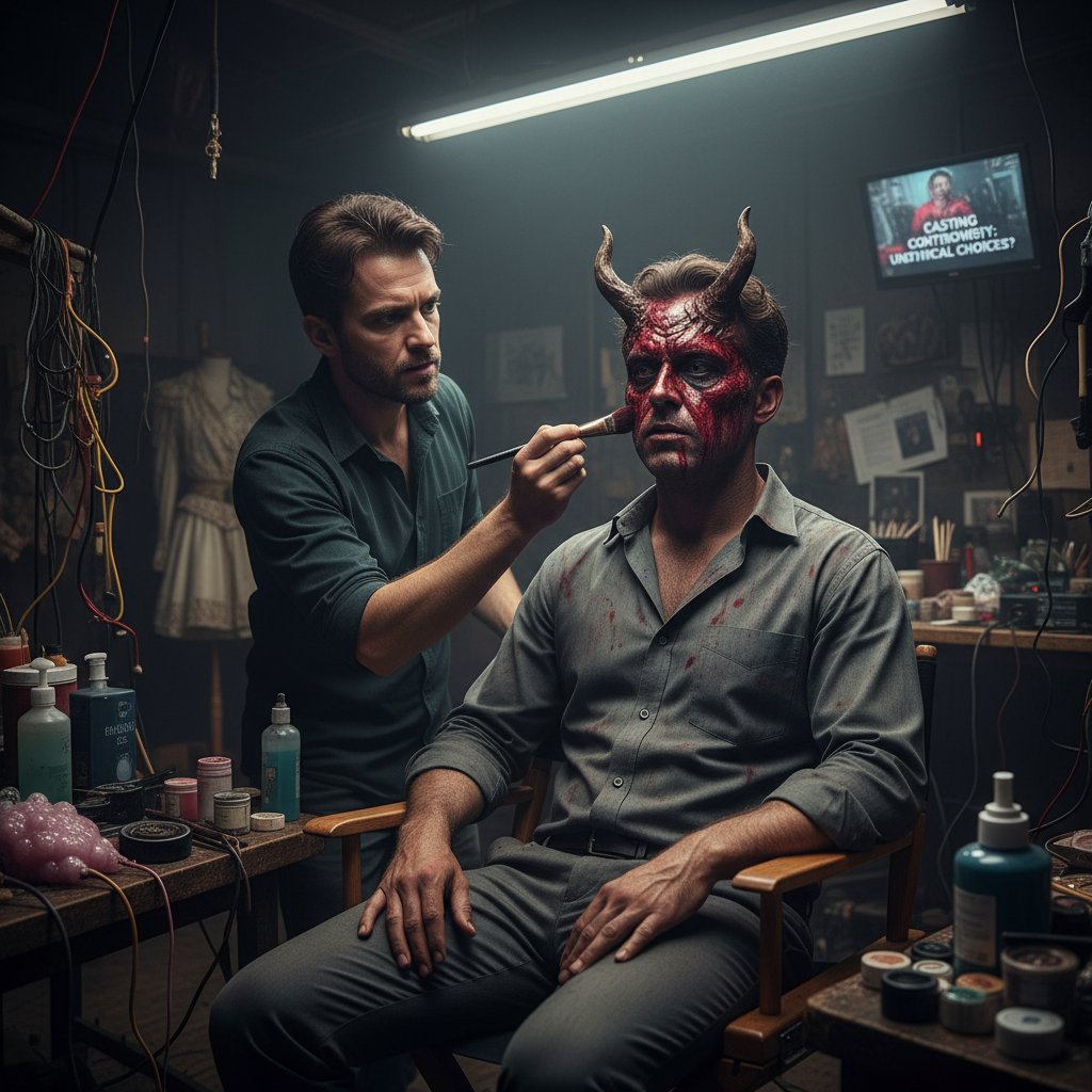 Photojournalism-style image of an actor in a makeup chair, half made up as a different ethnicity for a controversial biopic role