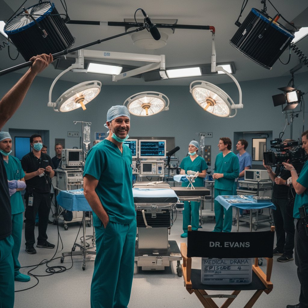 Actor bridging medical drama worlds, portrait split between movie and TV set