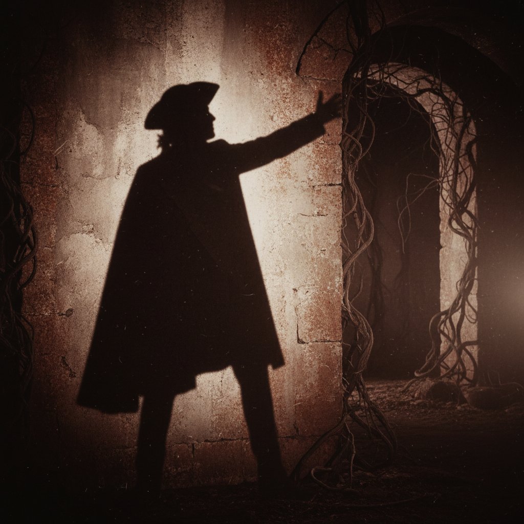 Gritty cinematic photo of an actor in deep shadow portraying a notorious historical figure in a biopic