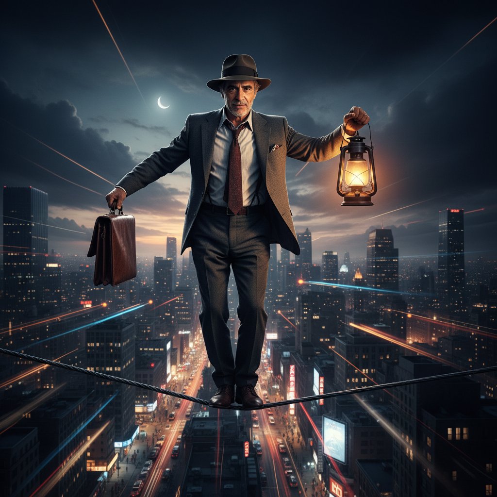 Symbolic photo of an actor walking a tightrope over a city at night, illustrating Pacino’s risk-taking spirit