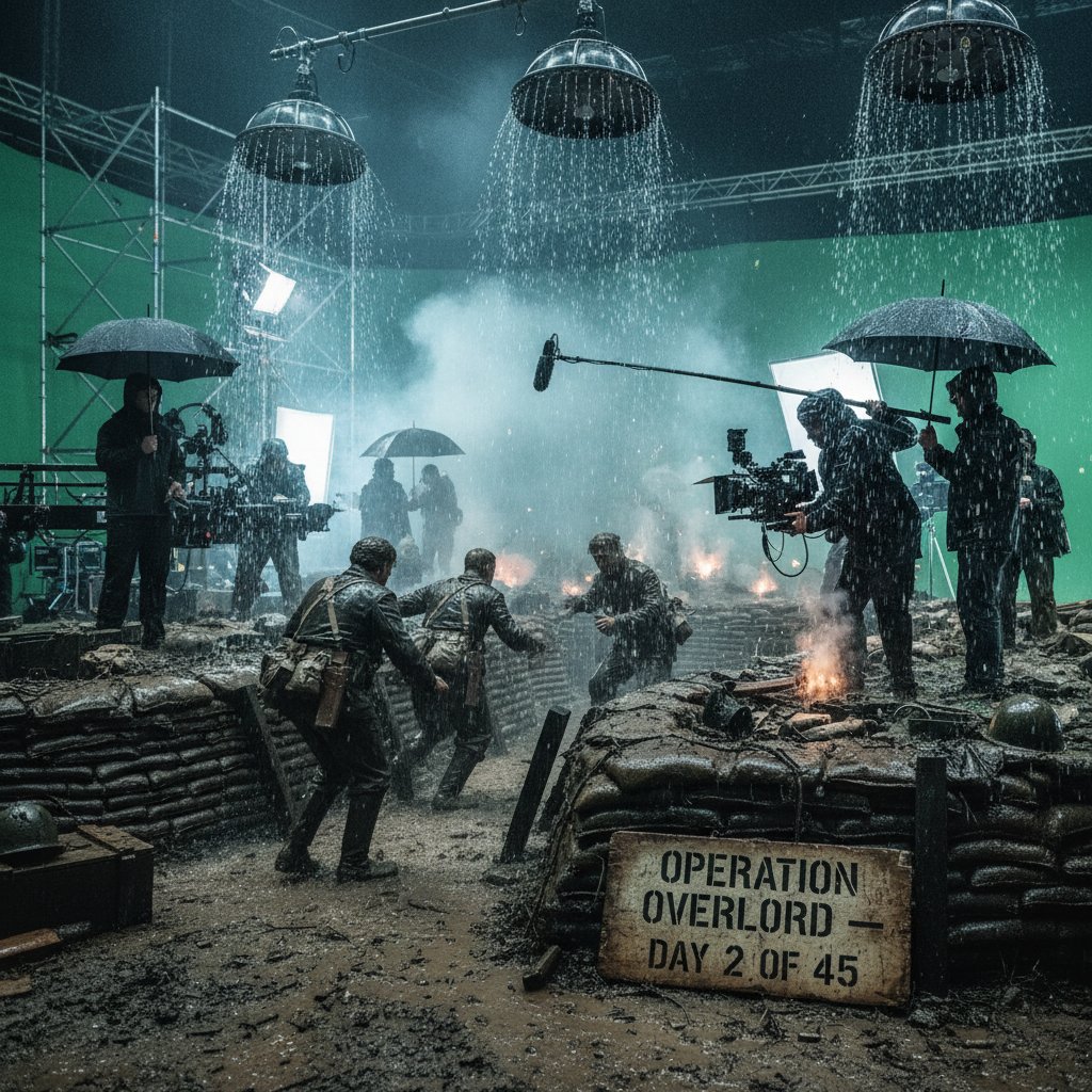 Actors filming gritty WWII trench scene.