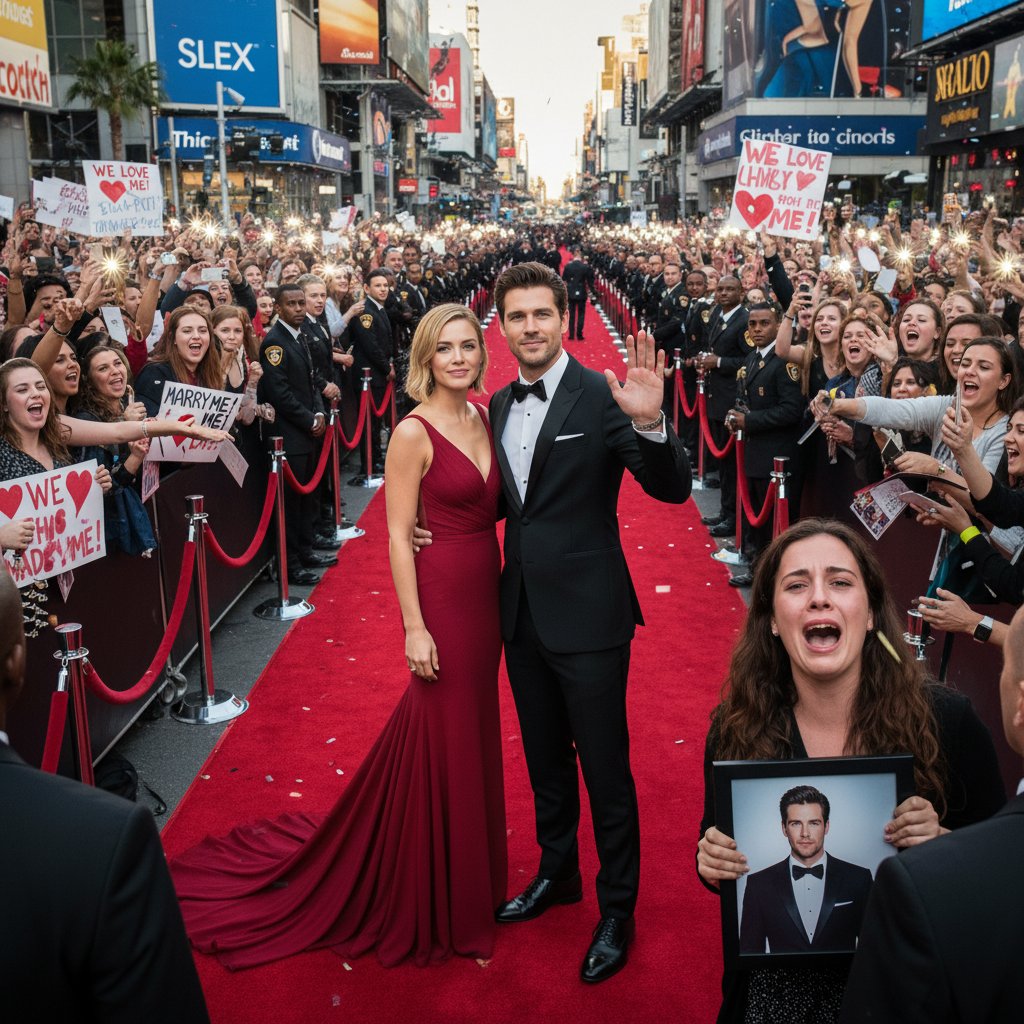 Actors on the red carpet surrounded by fans and photographers, capturing the essence of celebrity obsession
