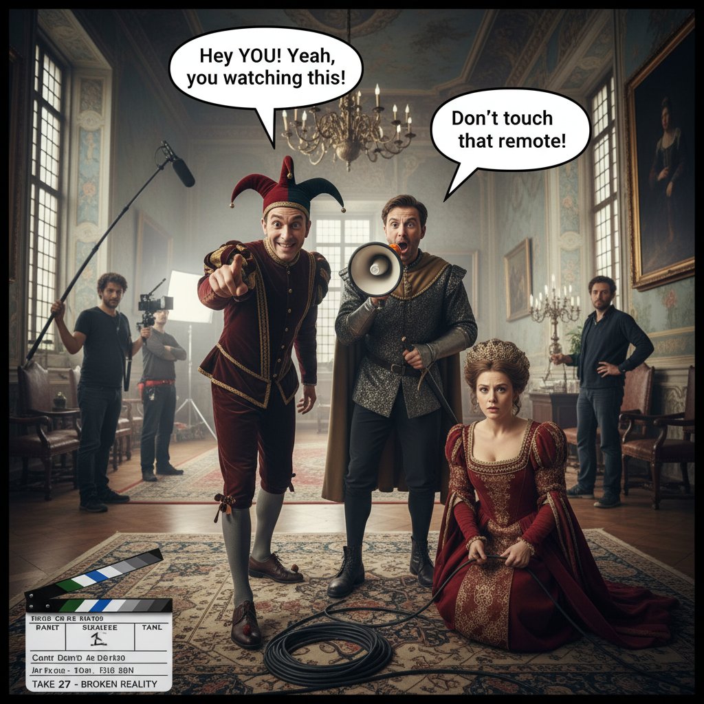 Actors in a comedy film glancing at the camera, breaking the fourth wall