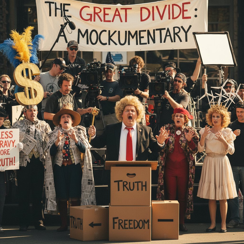 Actors on set of a satirical comedy, staging a scene that parodies politics, reflecting humor’s role in social critique