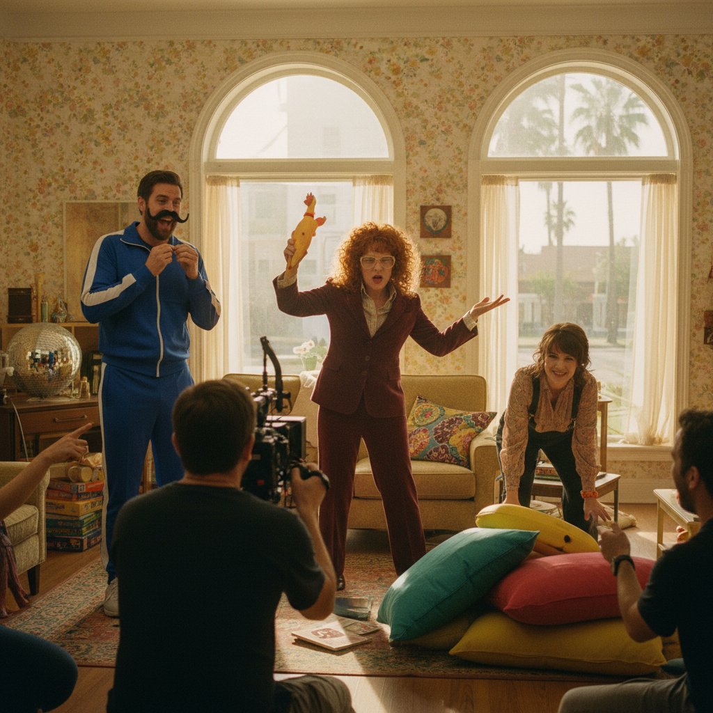 Behind-the-scenes photo of actors improvising on a situational comedy set, handheld camera, natural lighting