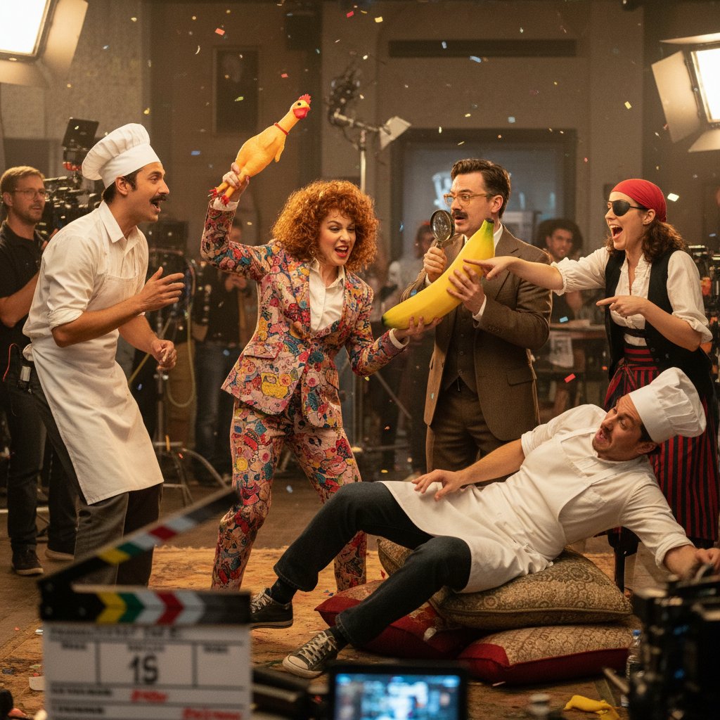 Actors improvising a comedy scene on set, with visible camera equipment and lively atmosphere