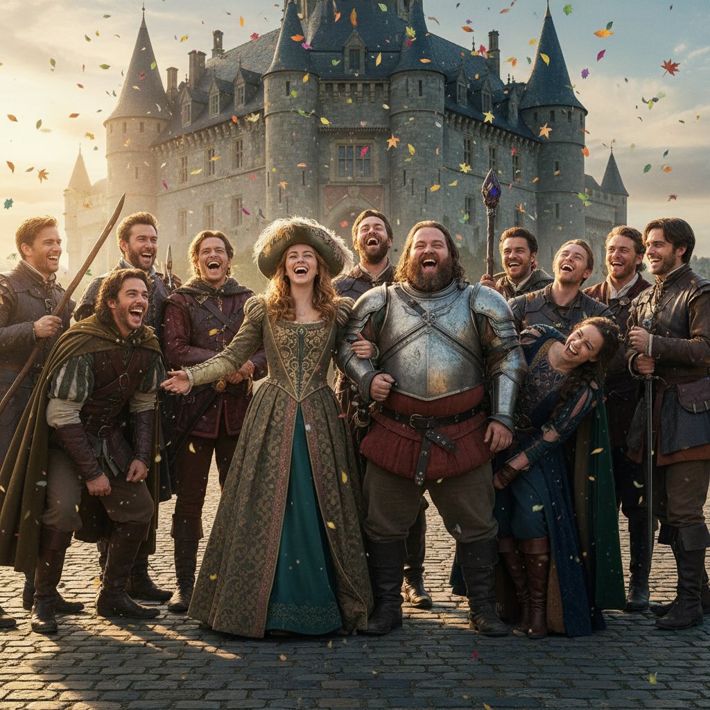 Candid photo of actors in costume, laughing together between takes, high contrast, group dynamic, ensemble cast