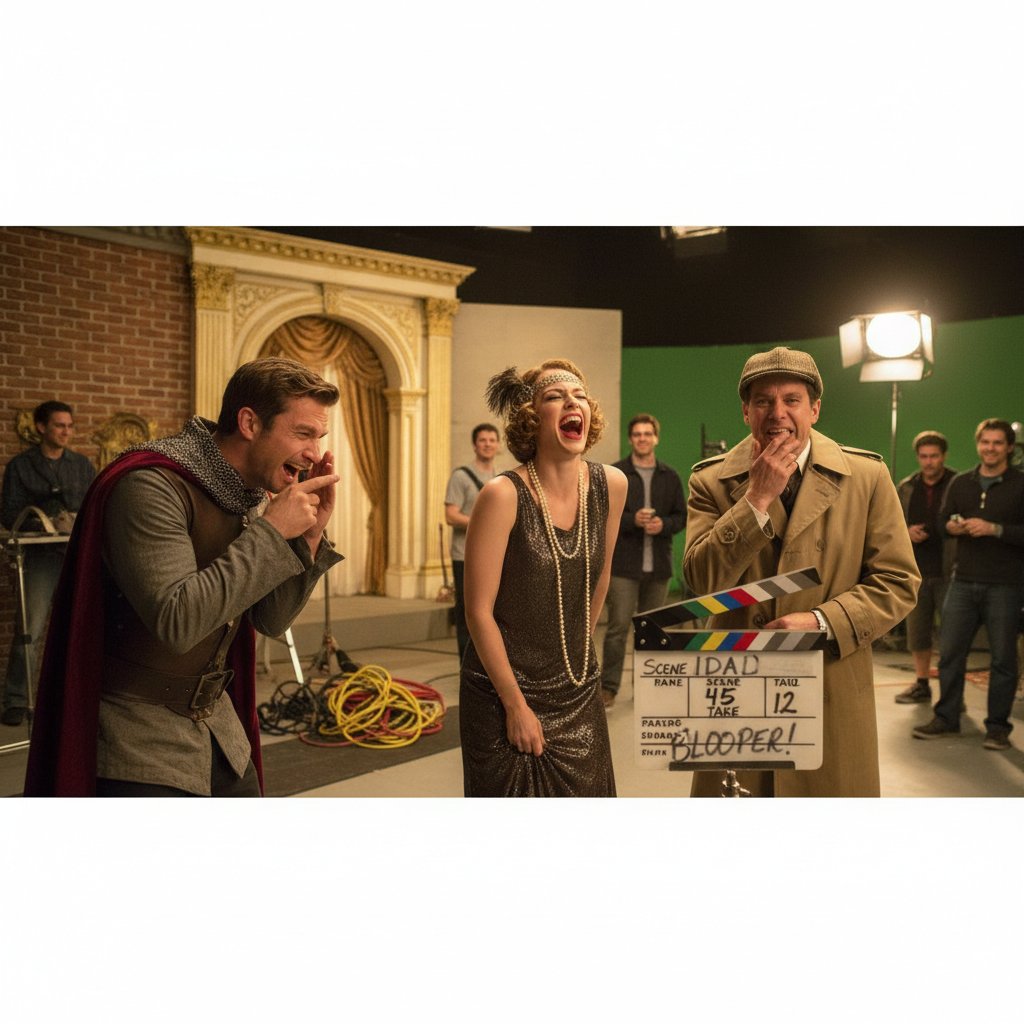 Actors laughing during a movie blooper, close-up of breaking character during tense scene