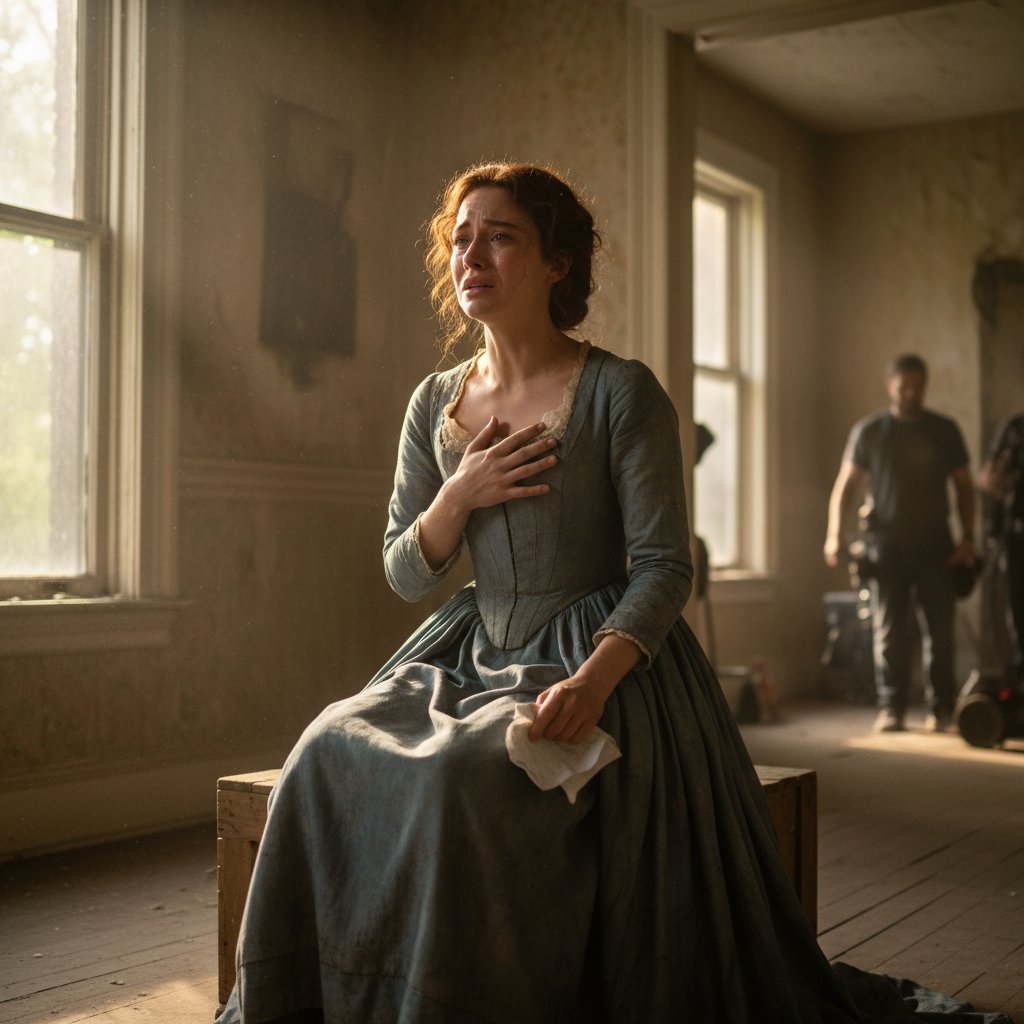 Brie Larson showing emotional depth on set, close-up, natural light