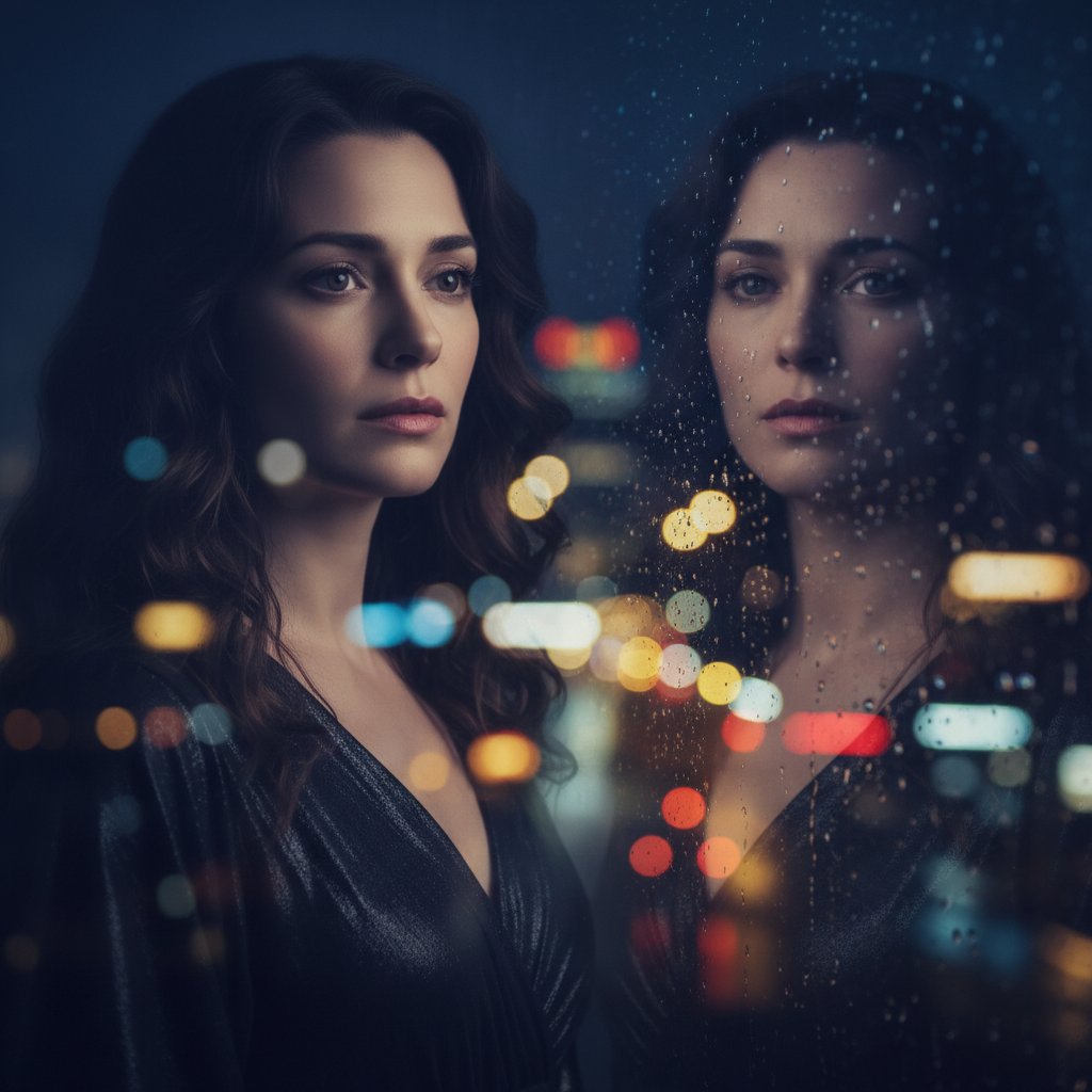 Brie Larson contemplating her next move, moody portrait with city lights