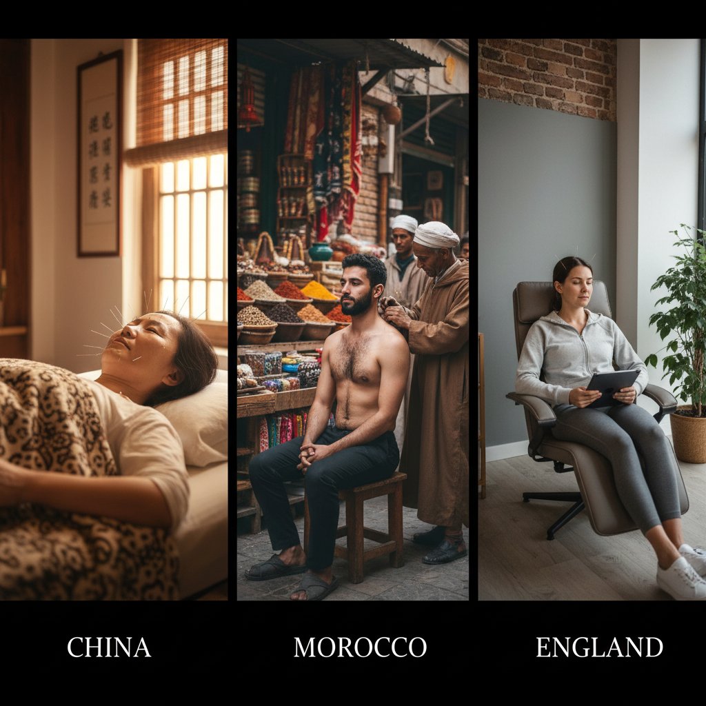 Pacjenci na zabiegach akupunktury w różnych krajach, zdjęcie porównawcze