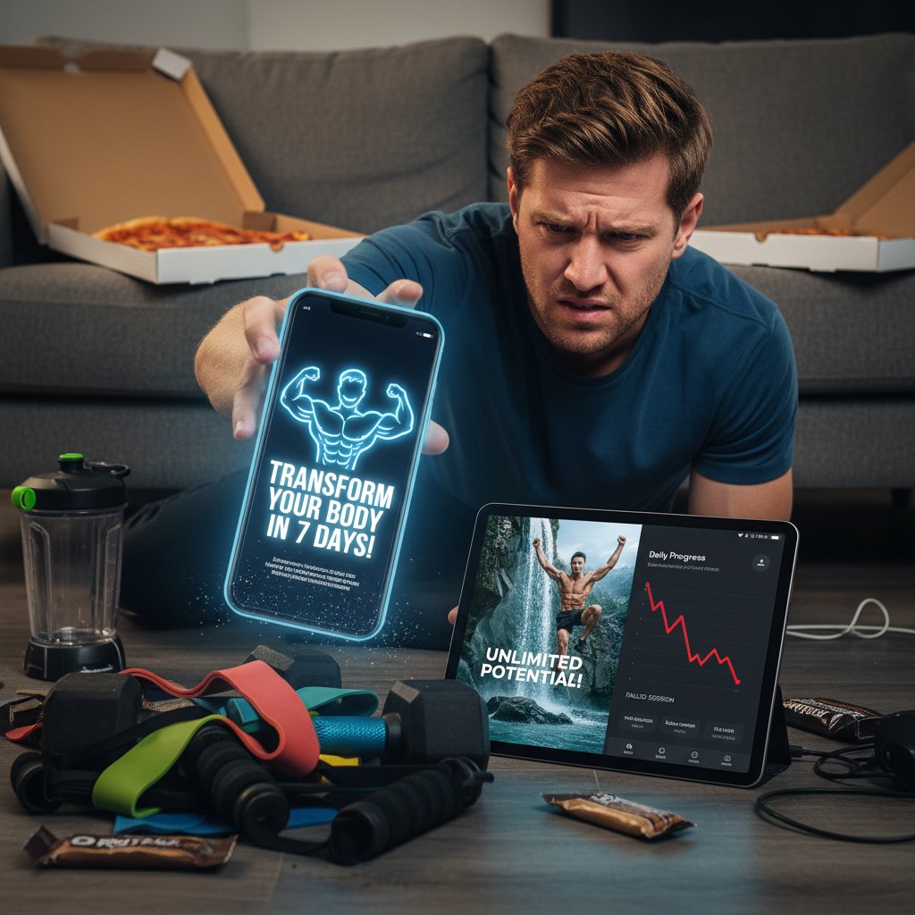 Reklama aplikacji fitness kontra rozczarowany użytkownik wirtualnego trenera zdrowego stylu życia