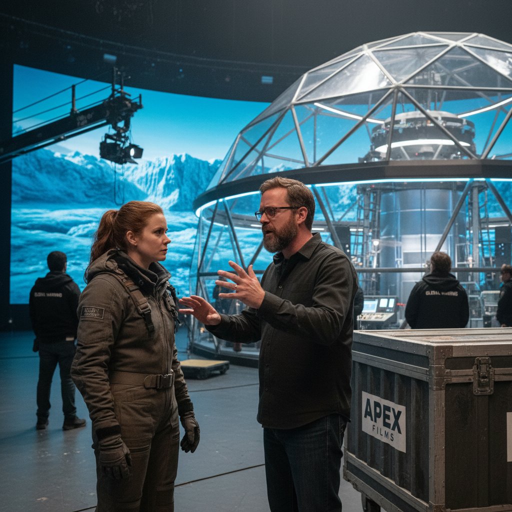 Adam McKay and Amy Adams in a studio discussing climate change film concepts