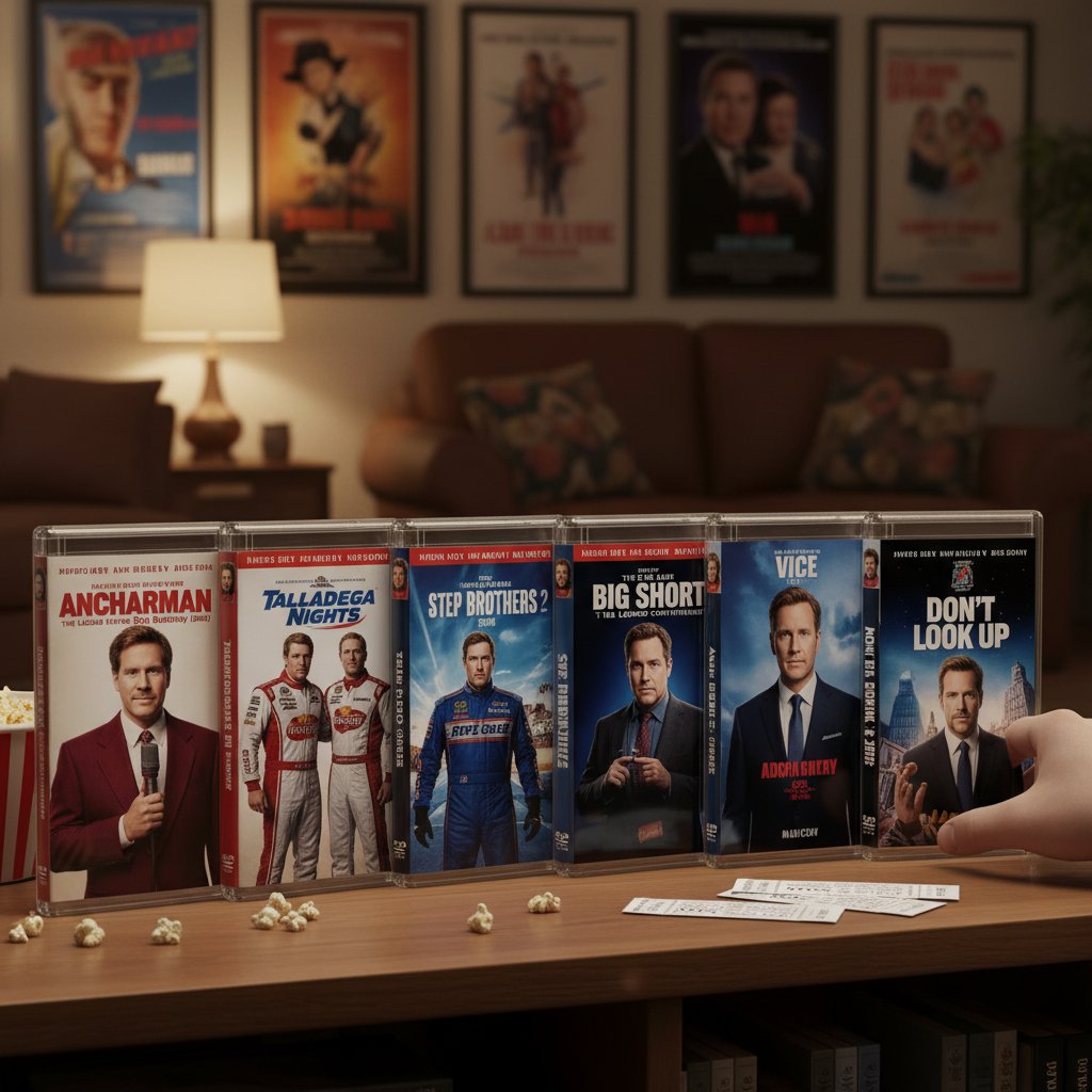 Movie lover organizing Adam McKay DVDs in chronological order at home