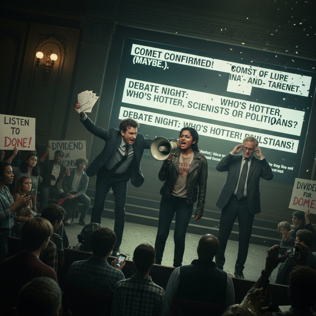 Students and activists discussing Adam McKay movies in a public debate