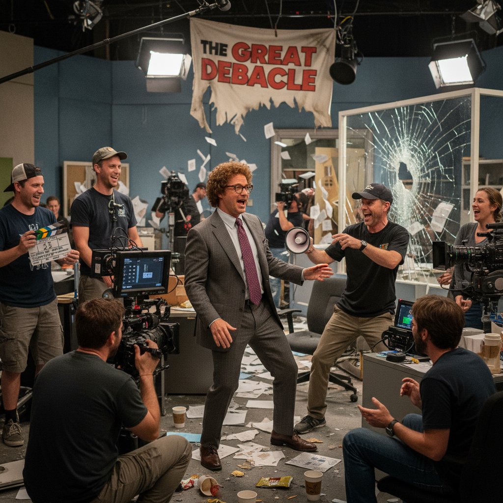 Will Ferrell and Adam McKay laughing on set of Anchorman