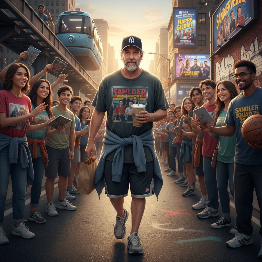 Adam Sandler in public, blending with fans, casual fashion, showing cultural influence in 2025