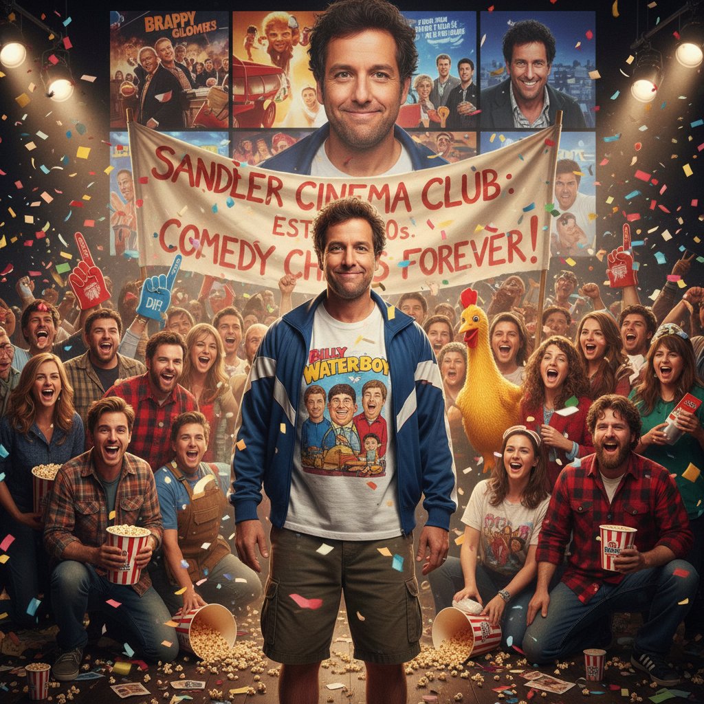 Adam Sandler surrounded by movie fans, film reels, and chaotic comedy energy, evoking cult film passion